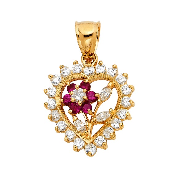 14K Yellow GoldCZ Heart with Flower Pendant